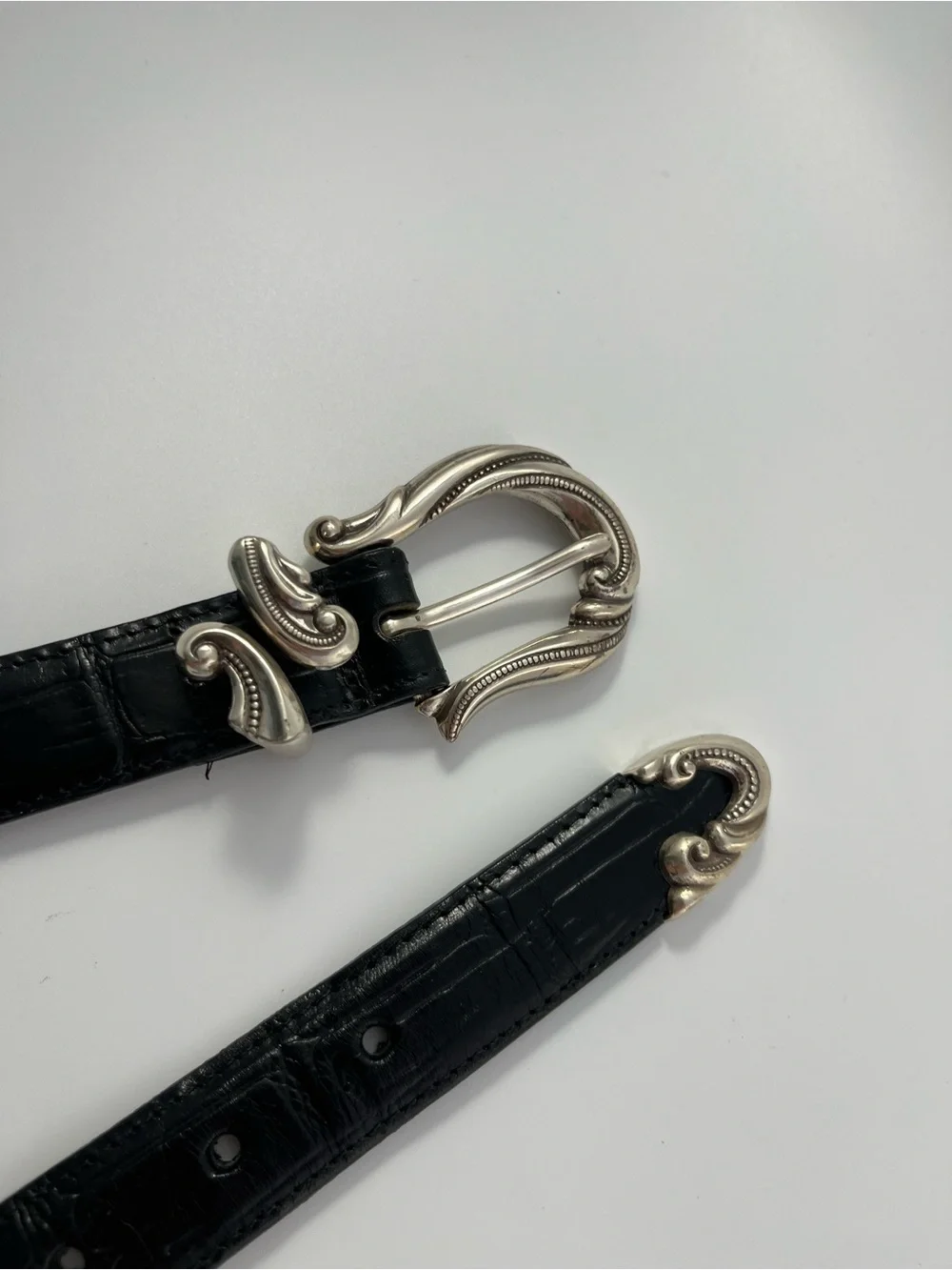 BRIGHTON Western Style Black Embossed Leather Belt Silver Tone Buckle Size Small